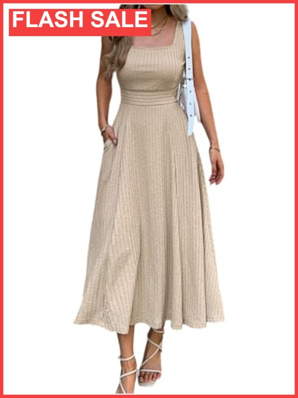 Womens Square Neck Maxi Dress with Pockets Sleeveless Knit A Line Flowy Beach